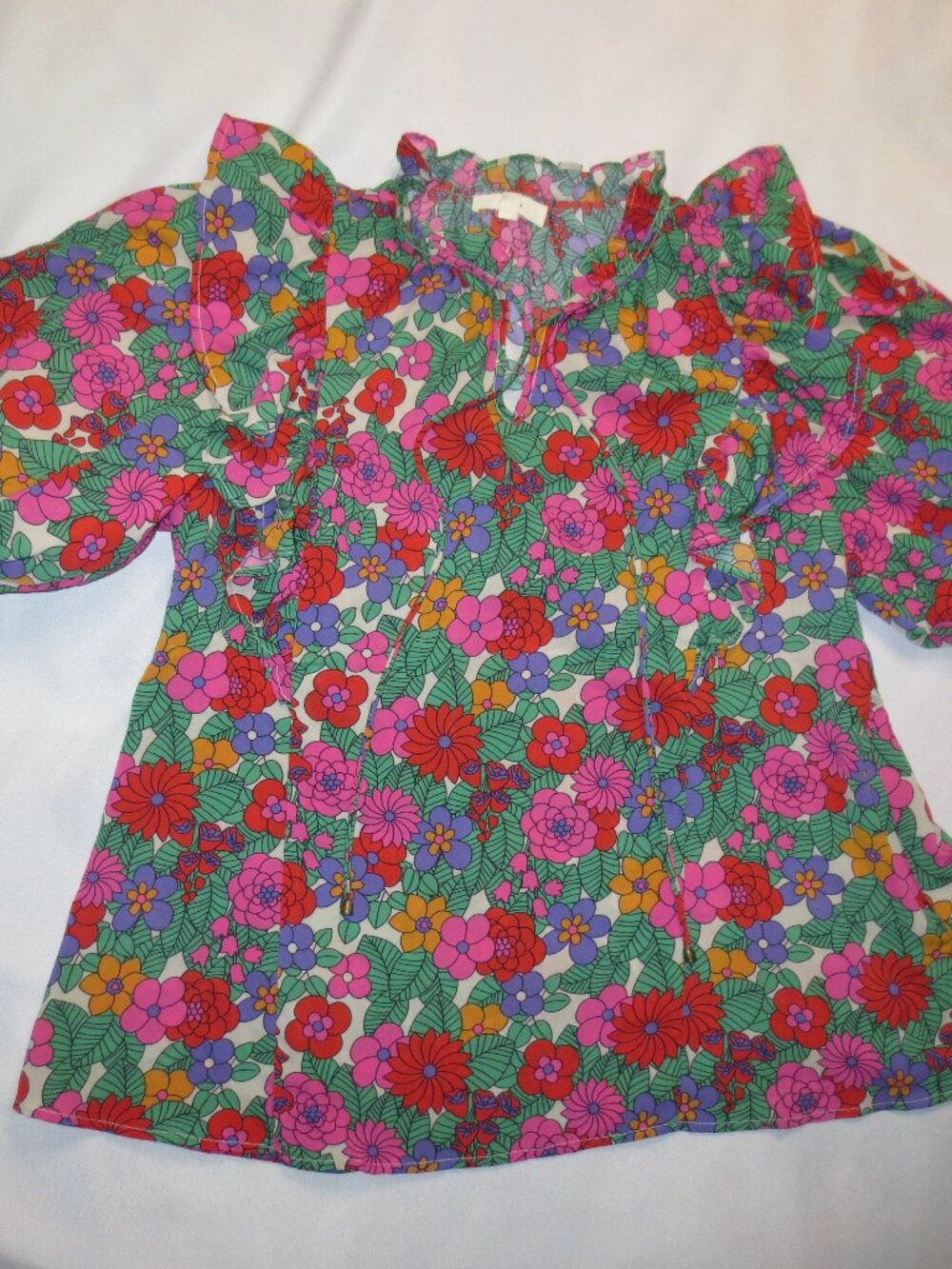ENTRO womens BLOUSE pink FLORAL red BOHO oversized RUFFLE top SHIRT SIZE L